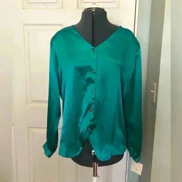 NOTATIONS WOMEN DEAD STOCK LONG SLEEVE SILKY FEEL DARK GREEN TEAL? BLOUSE 16W - Picture 3 of 6